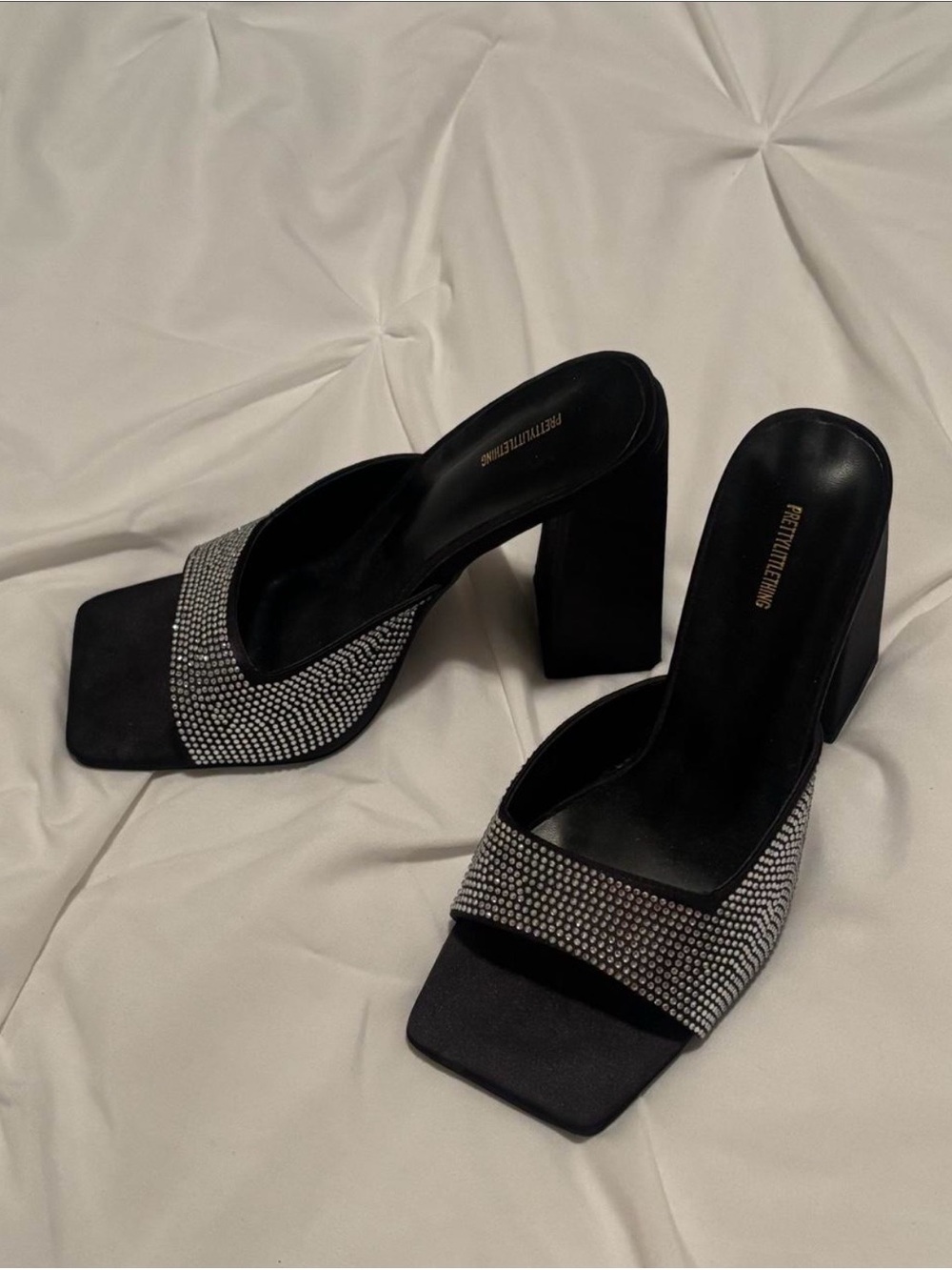 PrettyLittleThing Black Rhinestone Block Heel Mules